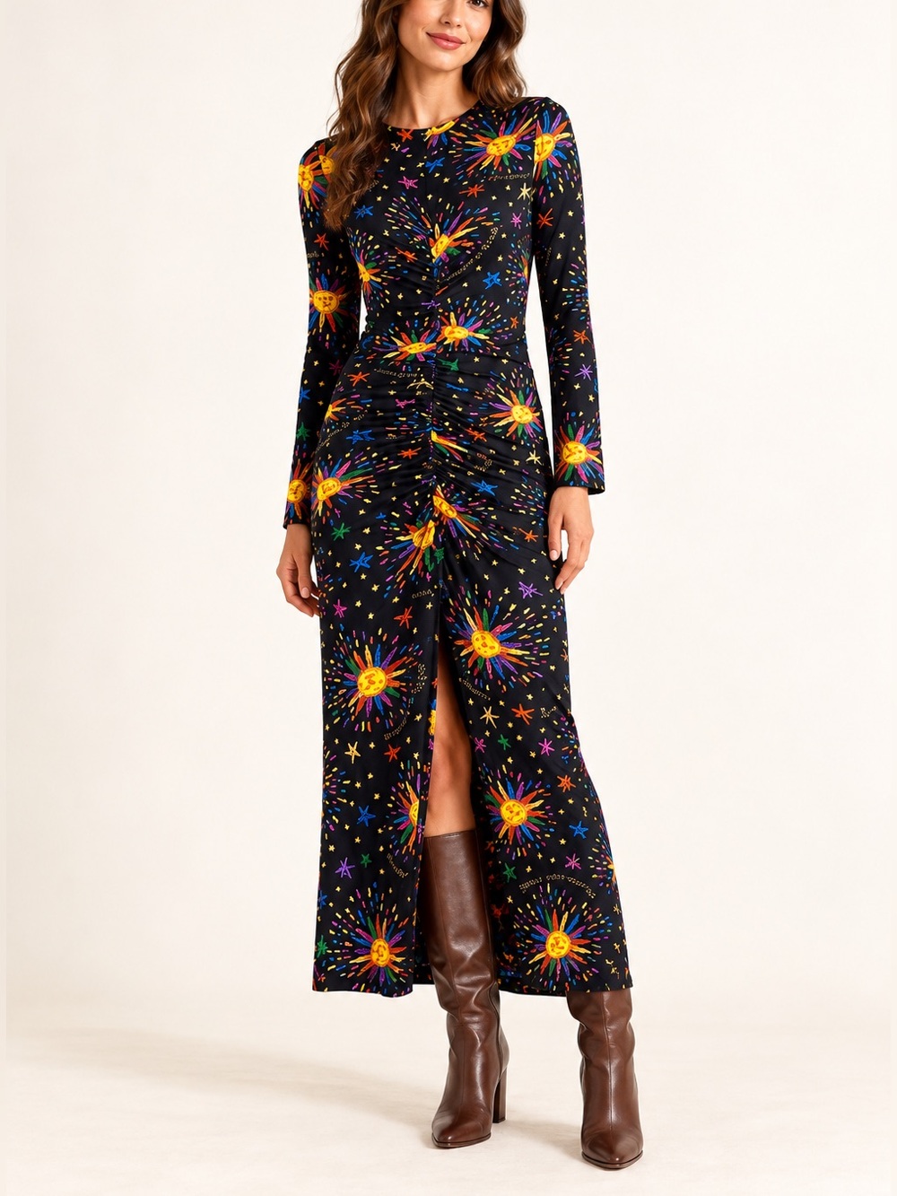 FARM Rio Celestial Sunburst Ruched Maxi Dress L